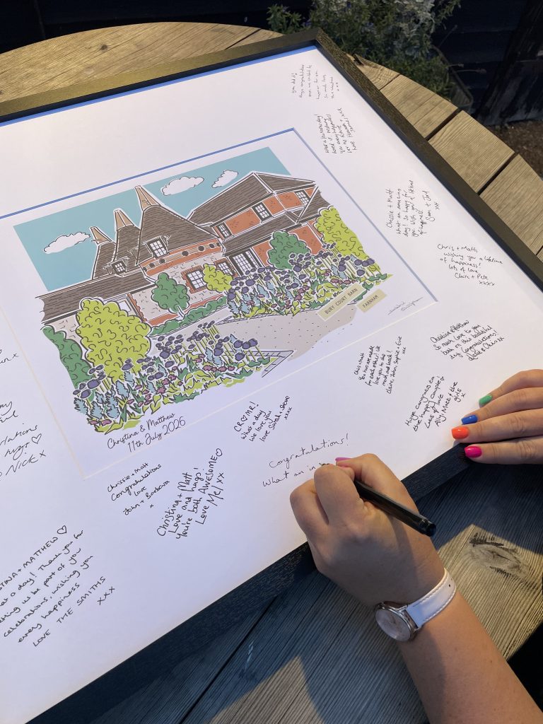 a hand signing the wedding keepsake mount