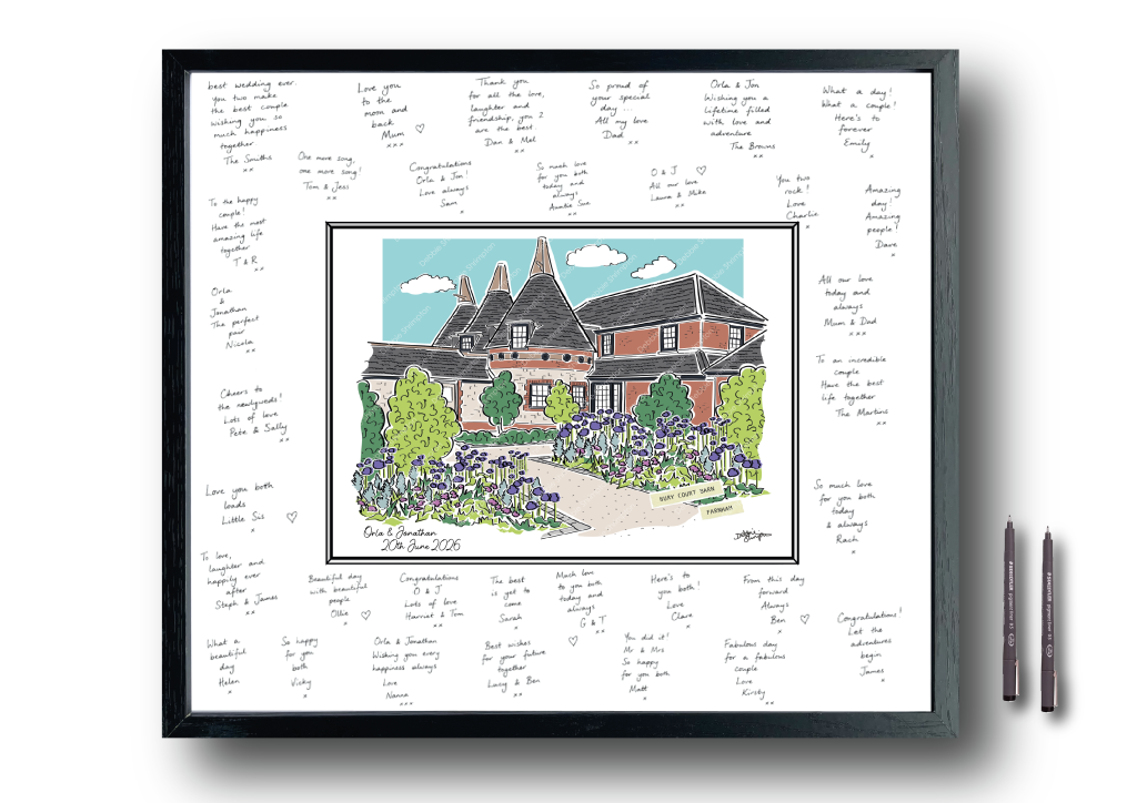 wedding venue illustration in the centre of a signed picture mount