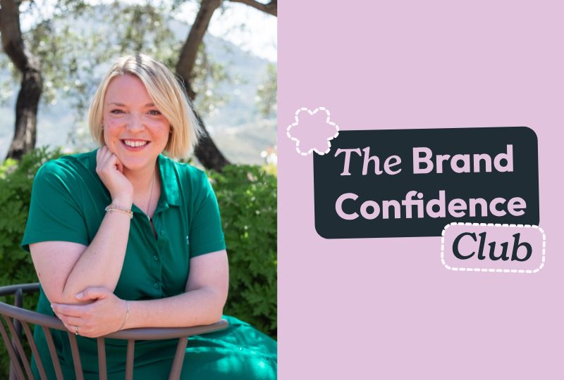 Sam Groves smiling at the camera on the left of the image, and on the right the logo for her Brand Confidence Club